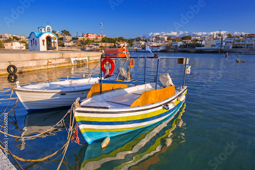 Fishing boats on the coastline of Kato Galatas town on Crete, Greece