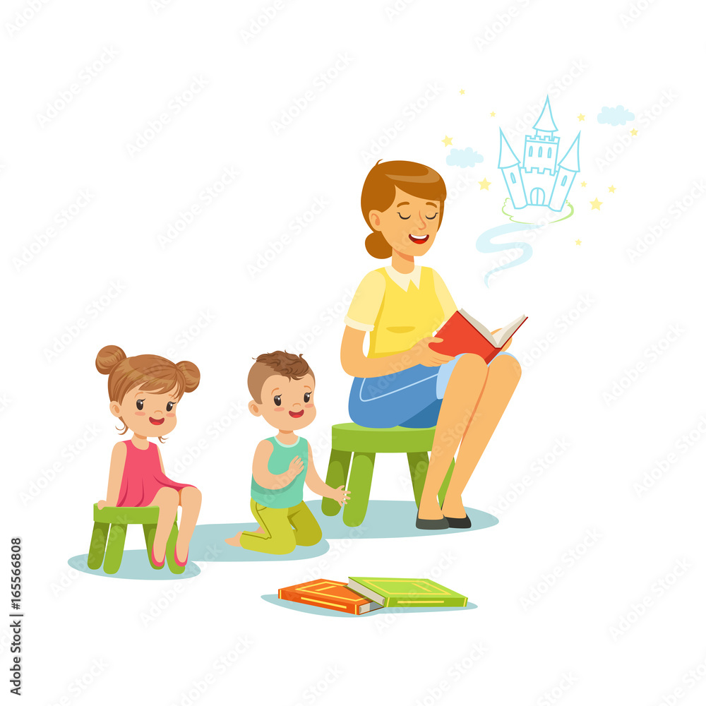 Teacher reading a fairytale to kids in preschool or kindergarten, colorful characters