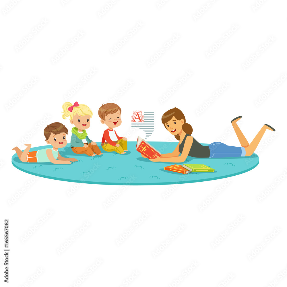 Teacher reading a book to kids, children enjoy listening, kids education and upbringing in school, preschool or kindergarten, colorful characters Teacher reading a book to kids, children enjoy listening, kids education and upbringing in school, preschool or kindergarten, colorful characters