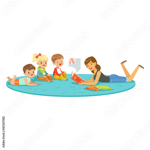 Teacher reading a book to kids, children enjoy listening, kids education and upbringing in school, preschool or kindergarten, colorful characters