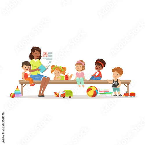 Teacher reading a book to kids while sitting on a bench, childrens education and upbringing in preschool or kindergarten, colorful characters