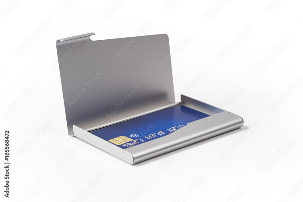 Metal business card holder with blue credit card Metal business card holder with blue credit card