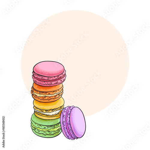 Stack of colorful macaron, macaroon almond cakes, sketch style vector illustration with space for text. Stack, pile of colorful almond macaron, macaroon biscuits, sweet and beautiful dessert