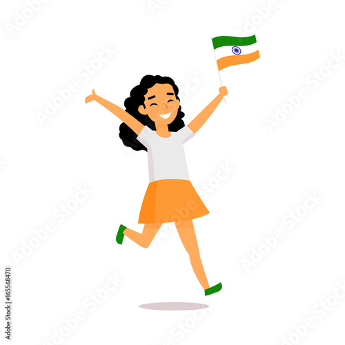 Teenage Indian girl running happily with little tricolor Indian flag, simple cartoon vector illustration isolated on white background. Indian girl running with national tricolor flag