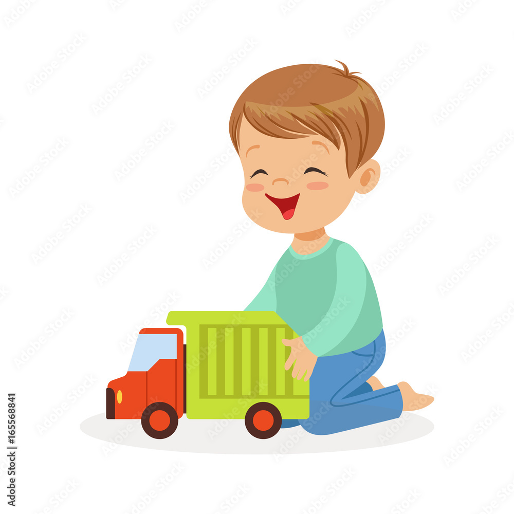 Cute happy little boy sitting on the floor playing with toy truck, colorful character vector Illustration Cute happy little boy sitting on the floor playing with toy truck, colorful character vector Illustration