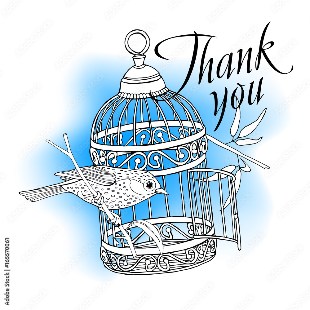 Obraz premium Image of bird and cage on blue background. Vector illustration.