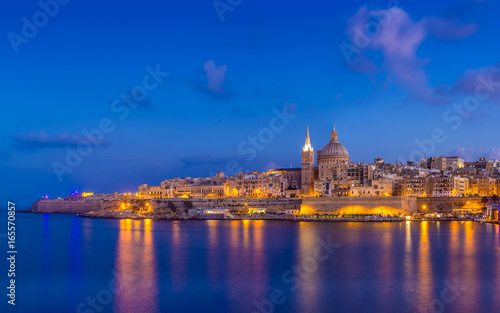 Valletta  Malta - Panoramic skyline view of the famous St.Paul s Cathedral and the city of Valletta at blue hour