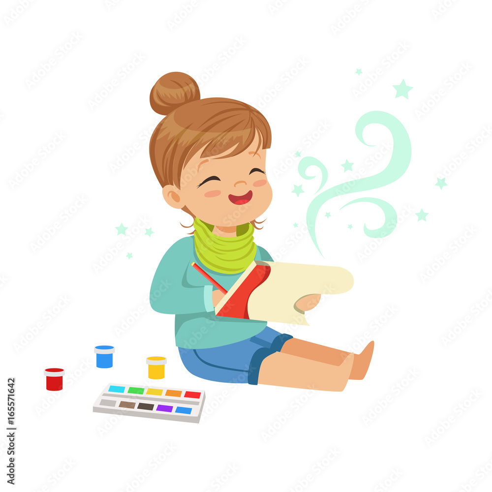 Cute little girl drawing with paints in her notebook, kids imagination and fantasy, colorful character vector Illustration