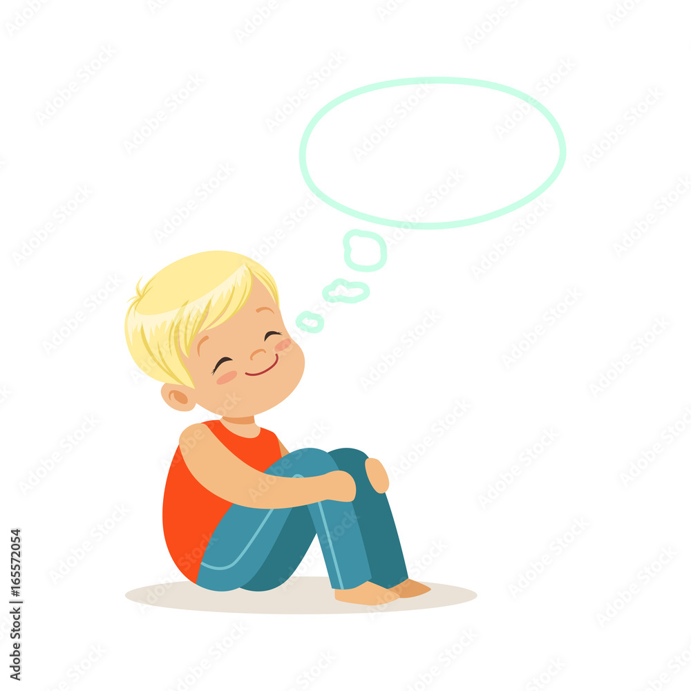 Happy blonde little boy dreaming with a thought bubble, kids imagination and fantasy, colorful character vector Illustration