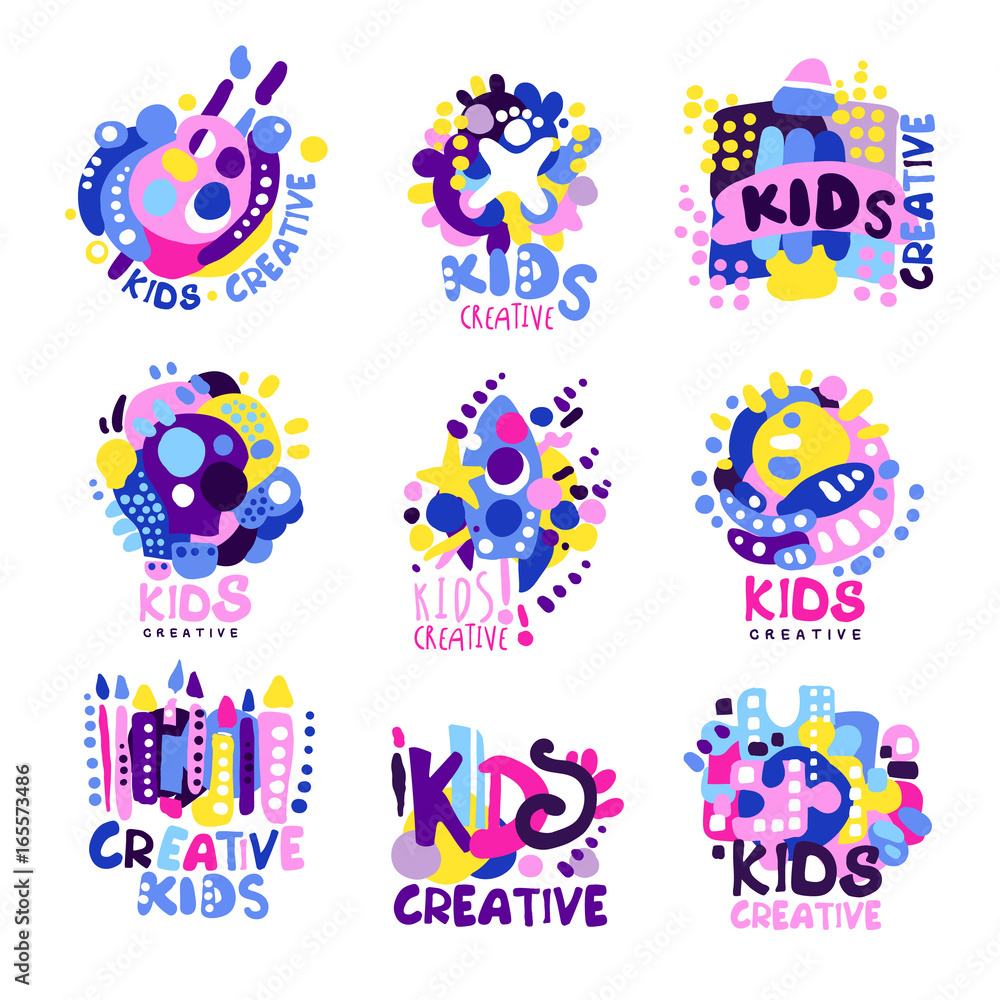 Kid creative set of colorful logo graphic templates hand drawn vector Illustrations