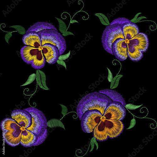Pansy embroidery flower patch. Stitch texture effect. Traditional floral fashion decorationseamless pattern. Purple violet yellow color black background vector illustration