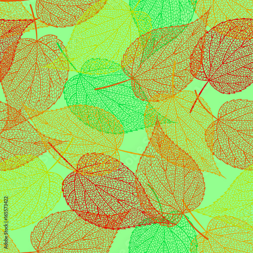 Vector seamless pattern. Fishnet colorful autumn leaves on blue background. Picture of falling leaves for decoration background on autumn theme.