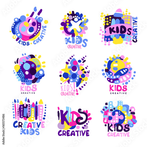 Kid creative set of colorful logo graphic templates hand drawn vector Illustrations