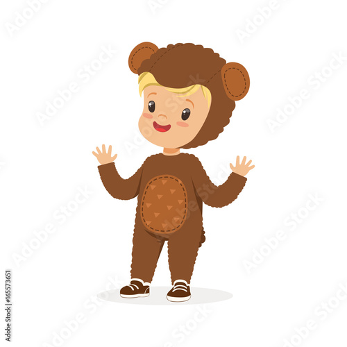 Cute happy boy dressed as a bear, kids carnival costume vector Illustration