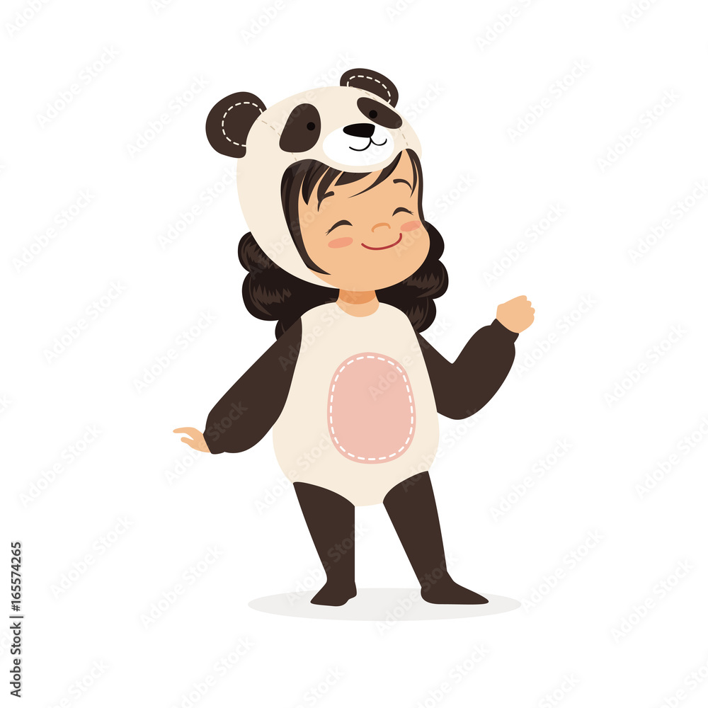 Cute happy little girl dressed as a panda, kids carnival costume vector ...