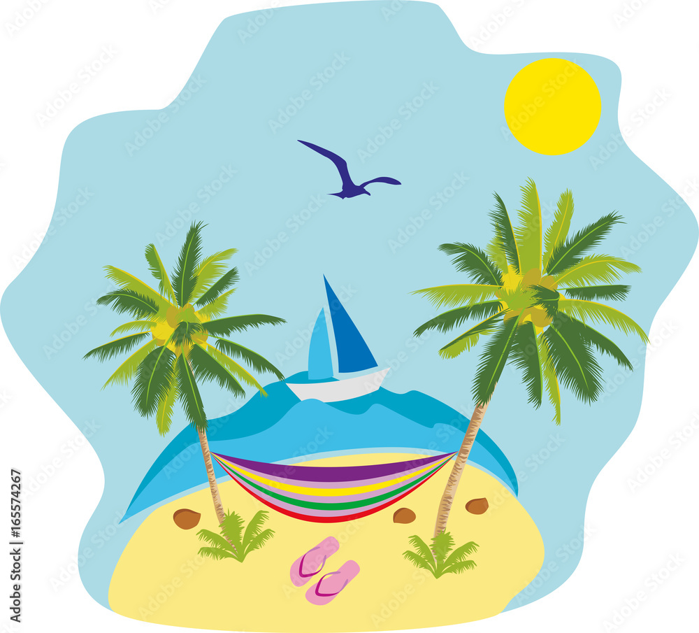 Exotic tropical landscape, palm trees with hammock and flip flops on an island on background of sea, the ocean with a ship, a sailboat. Travel concept, relax. Cartoon vector illustration AI10