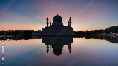 Floating mosque during sunrise at Kota Kinabalu Sabah.