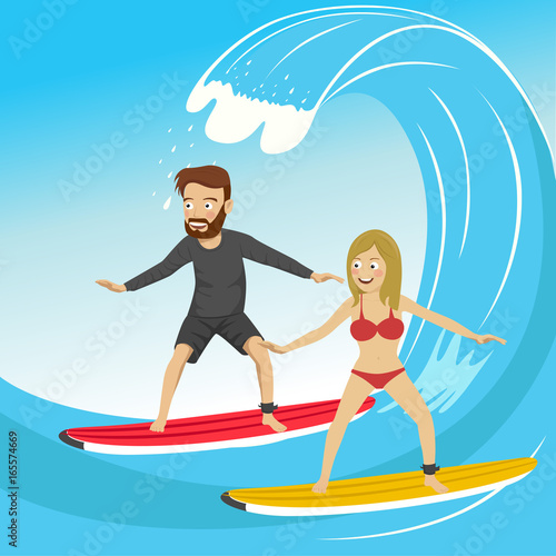 Surfing. Young couple riding wave. Outdoor active lifestyle in summer.