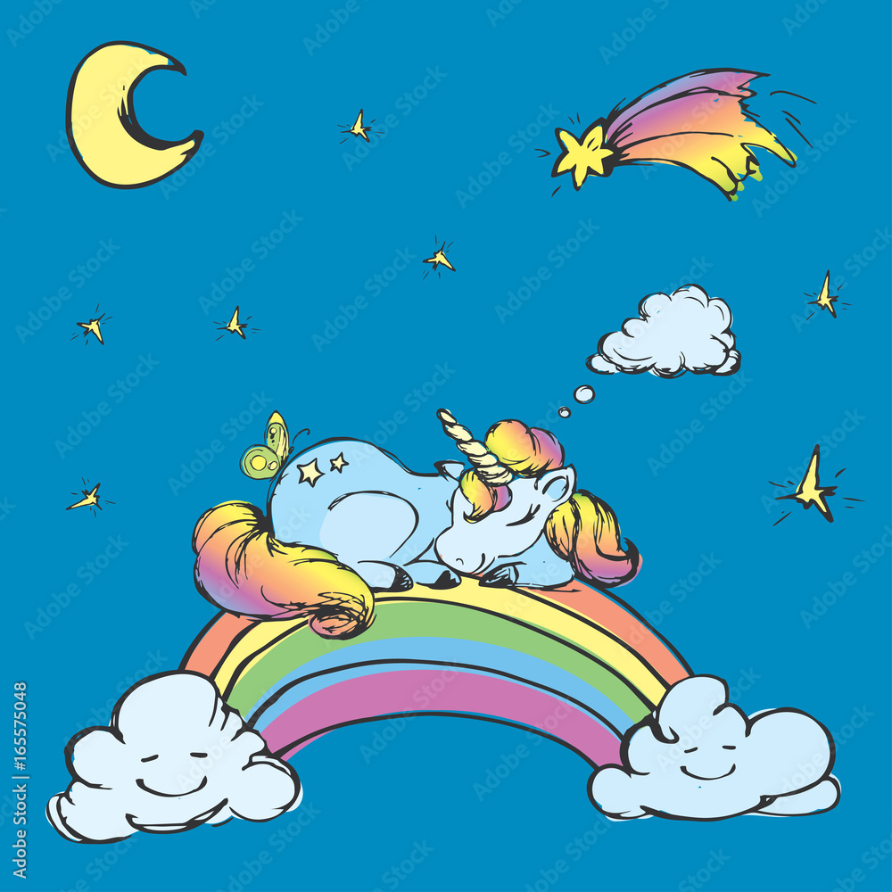 Сute Unicorn sleep on the rainbow