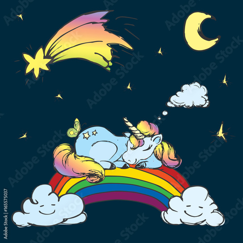 Plakat Сute Jednorożec śpi na tęczy, niebo z księżycem, gwiazdami i kometą