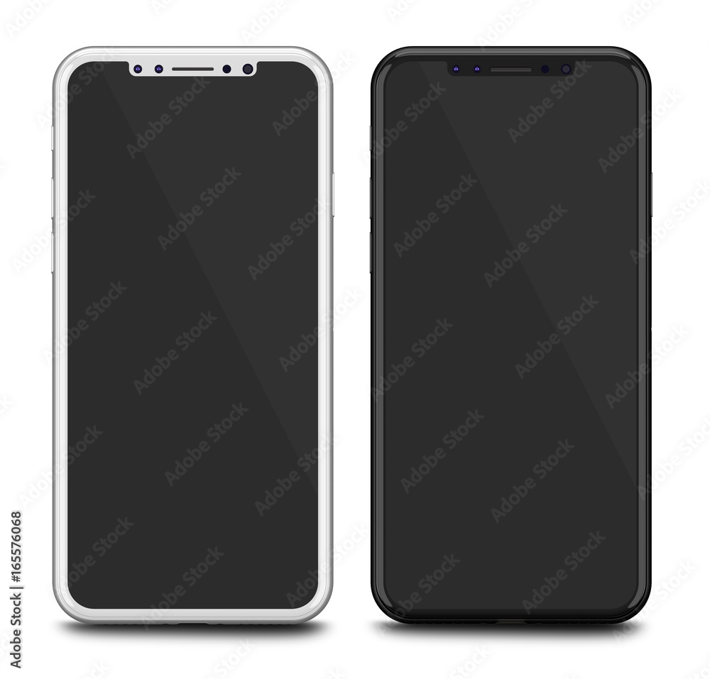 Black and white smartphones with blank screen, isolated on white background. Black and white smartphones with blank screen, isolated on white background.