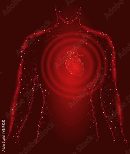 Man silhouette healthy heart beats 3d medicine model low poly. Triangle connected dots glow point red background. Wave impulse from internal body vector illustration
