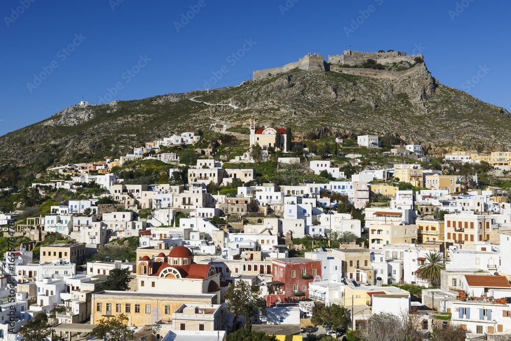 Castle above Agia Marina village on Leros island in Greece. 
