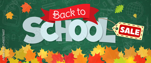 Blackboard with greeting, First day of school, Back to school sale horizontal banner. Vector