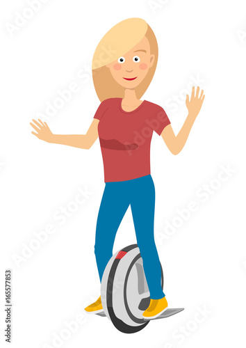 Young girl riding a self balancing unicycle electric scooter