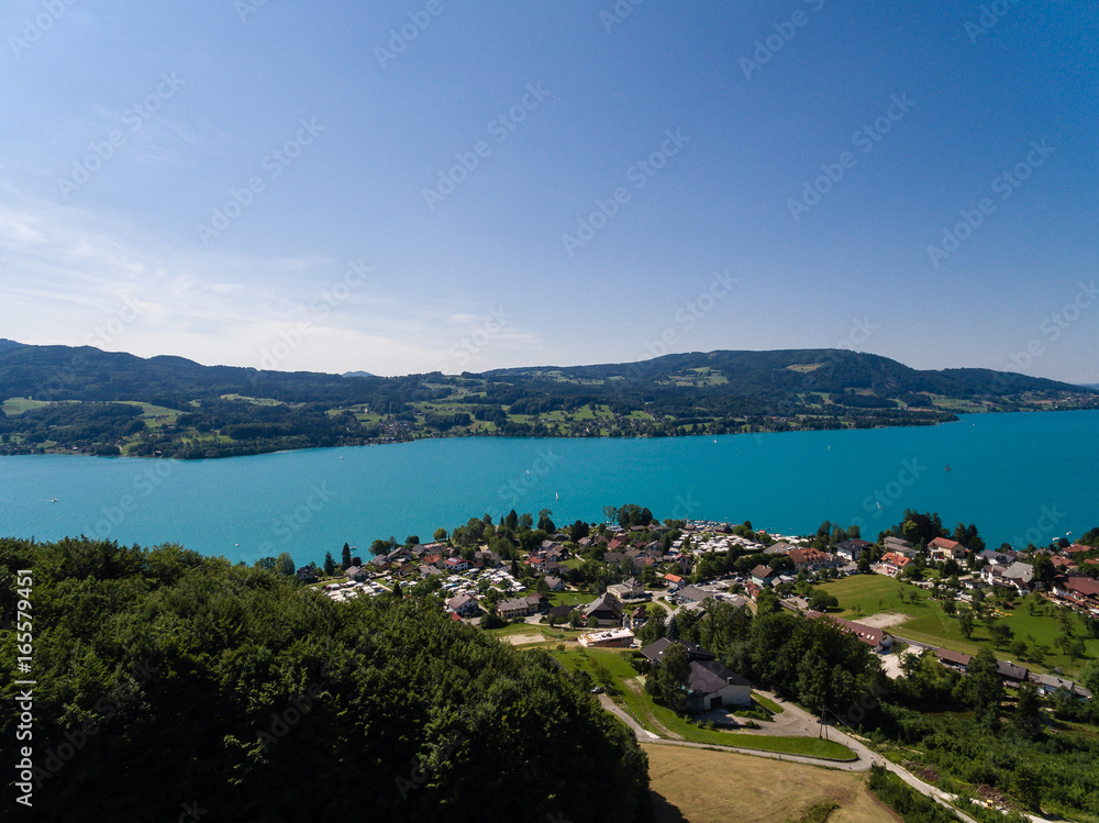 AERIAL view of Attersee lake,  Attersee, Upper Austria, Austria