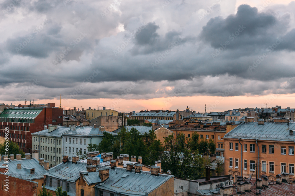 Saint Petersburg view from roof top. St. Petersburg cityscape, dramatic clouds, old buildings, famous tourist place