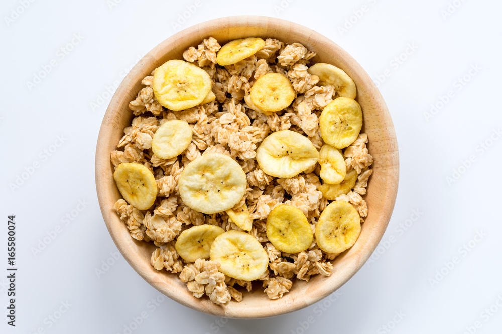 Bowl of Muesli and granola Isolated on White Top View. Bowl of Muesli and granola Isolated on White Top View.