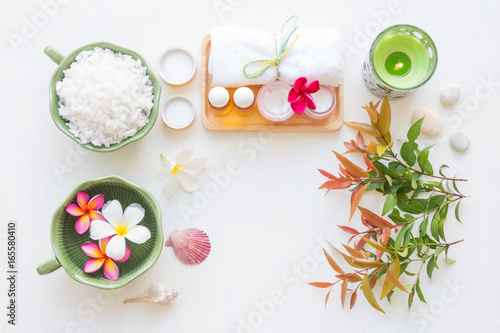 Spa set on white wooden board background, Beauty and fashion concept, top view , flat lay