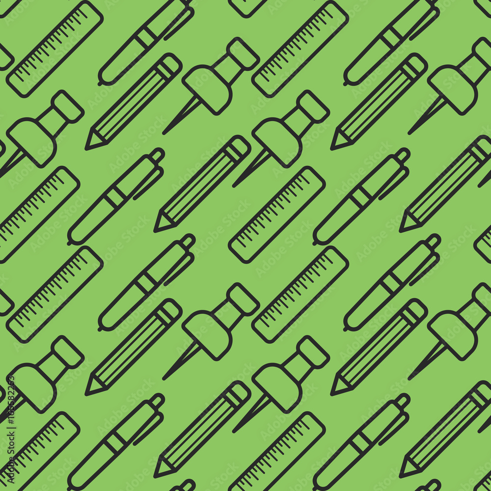 Seamless pattern with black line art icon of ruler, pin, pencil and pen on green background. Vector illustration. Background for dress, manufacturing, wallpapers, prints, gift wrap and scrapbook Seamless pattern with black line art icon of ruler, pin, pencil and pen on green background. Vector illustration. Background for dress, manufacturing, wallpapers, prints, gift wrap and scrapbook
