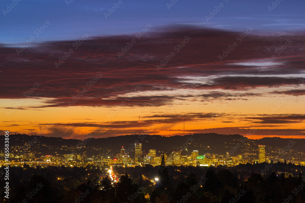 Sunset Sky over Portland Oregon City Skyline
