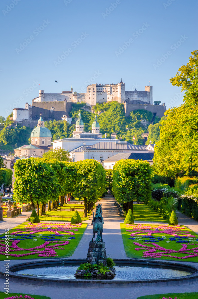 Beautiful view of Fortress Hohensalzburg from famous Mirabell Garden in Salzburg, Austria
