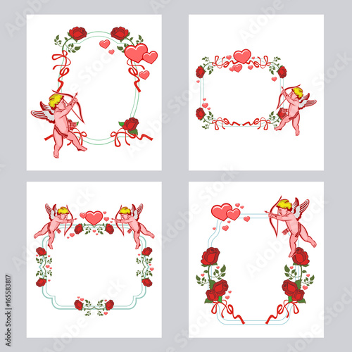 Set of elegant frames with Cupid, roses and hearts. Cupid with bow hunting for hearts. Design element for greeting cards and presents. Vector clip art.