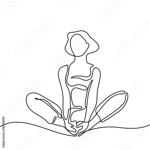 Continuous line drawing. Woman doing exercise yoga lotus Pose. Vector Illustration