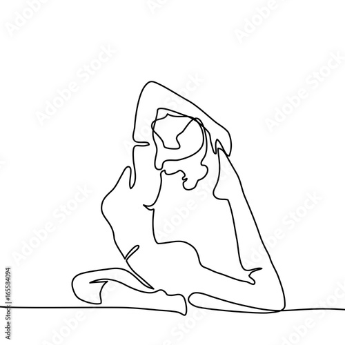 Continuous line drawing. Woman doing exercise in yoga pose. Vector Illustration