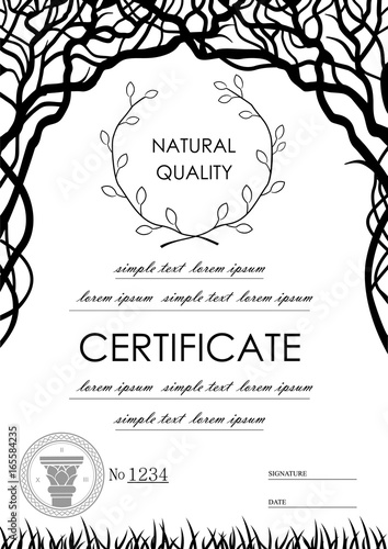 Background for a certificate of eco products, cosmetics with silhouettes of tree branches, plants