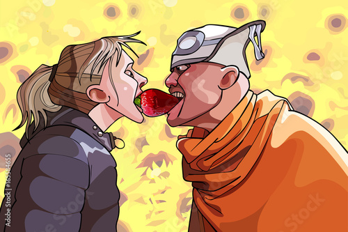 Cartoon funny man and woman grabbing one berry's teeth
