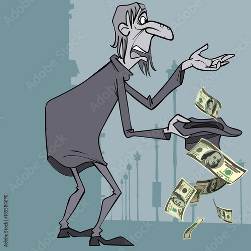 Cartoon homeless man gets alms dollars