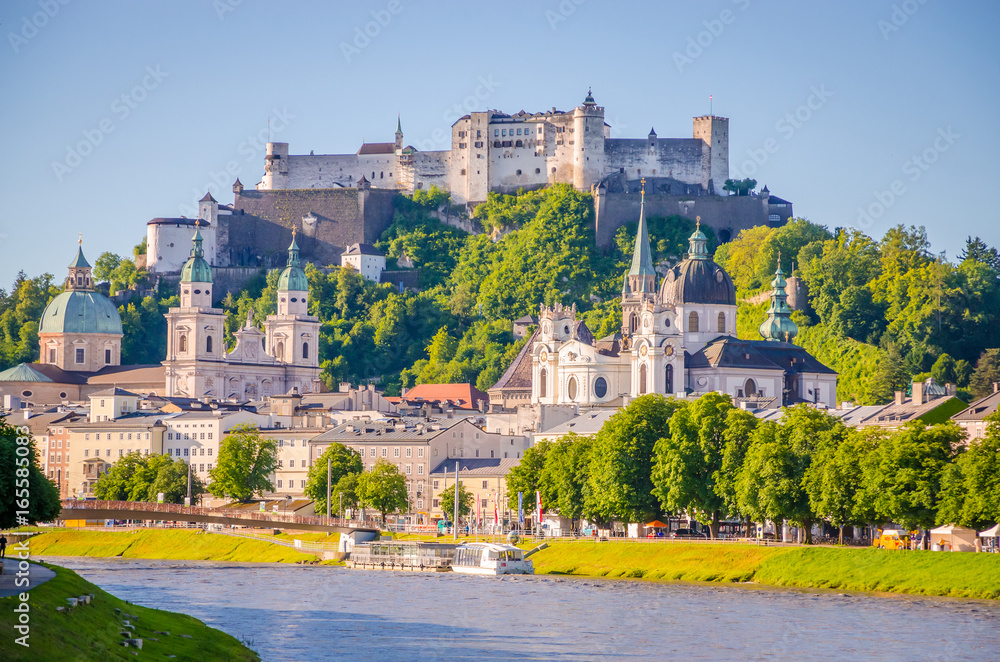 Fototapeta premium Beautiful view of Salzburg, Fortress Hohensalzburg and Salzach river in summer, Salzburg, Salzburger Land, Austria