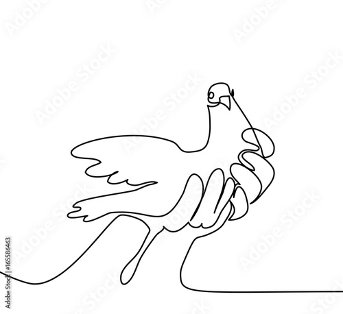 Continuous one line drawing. Pigeon in hands logo. Black and white vector illustration. Concept for logo, card, banner, poster, flyer