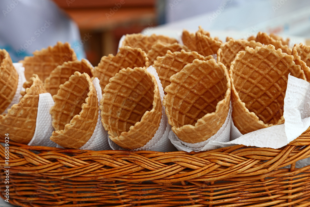 Wafer ice cream cone cornet cups close up Wafer ice cream cone cornet cups close up