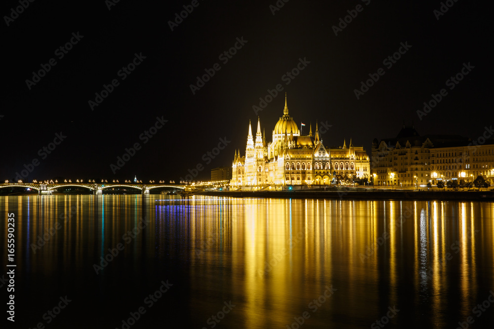 View of Budapest with the Parliament building and Margaret Bridge at night