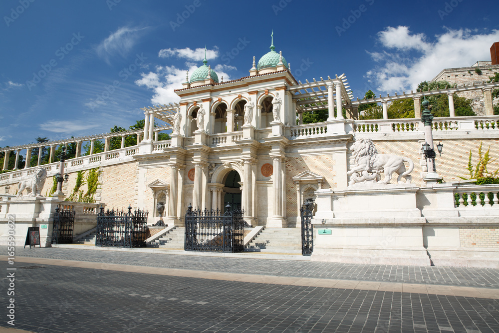 The lower part of Buda Castle, the entrance with sculptures of lions. Budapest. Hungary