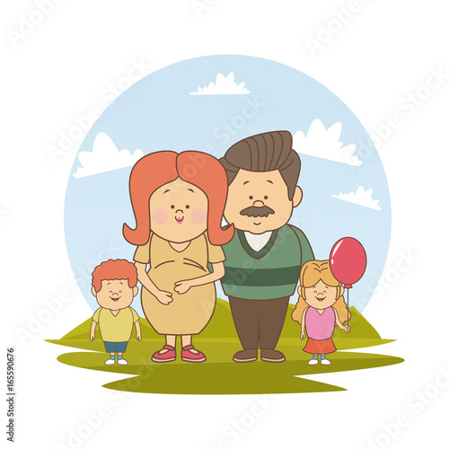 white background with color silhouette landscape with pregnancy mom old father and little kids