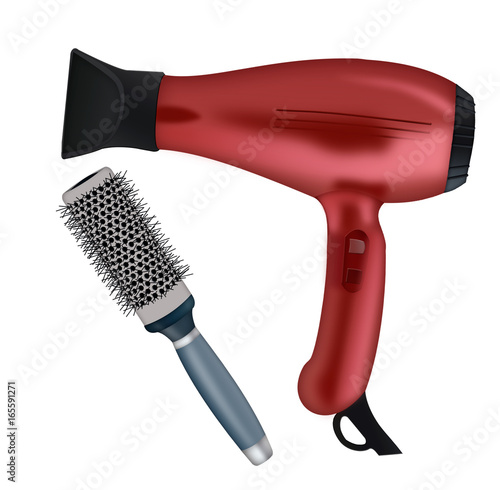 hair dryer and hair comb on a white background