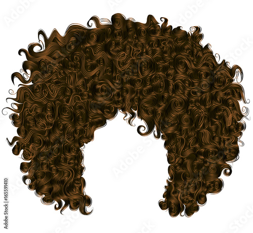 trendy curly dark brown hair . realistic 3d . spherical hairstyle . fashion beauty style .
